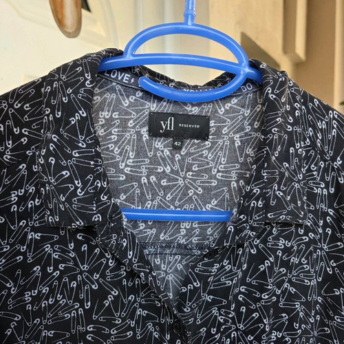 Reserved blouse with safety pin print, like new, black and white, size L