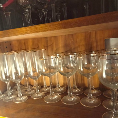 Stemmed glasses with gold rim like new, 6 water, 6 wine, 6 champagne