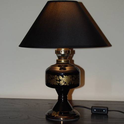 Handmade vintage black ceramic oil lamp portatif with gold designs