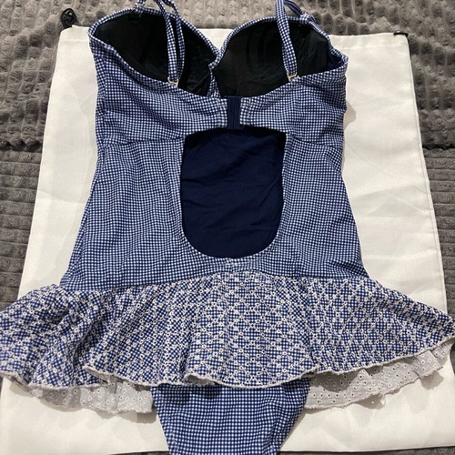 Erka Mare one-piece swimsuit like new, white and blue with ruffles