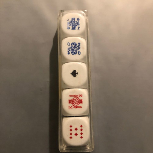 Dice set with playing card symbols used, with box