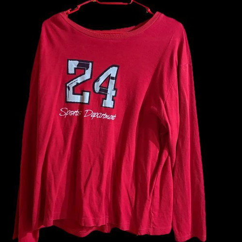 Minerva red long-sleeve shirt size L like new with 24 Sports Department print