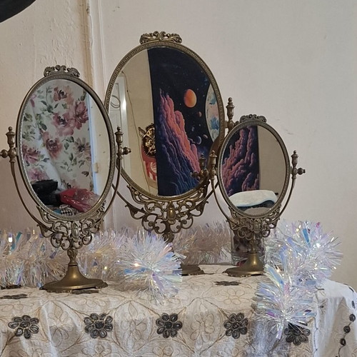 Vintage brass tabletop mirror set of 3 Baroque Rococo style, like new