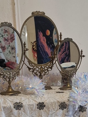 Vintage brass tabletop mirror set of 3 Baroque Rococo style, like new