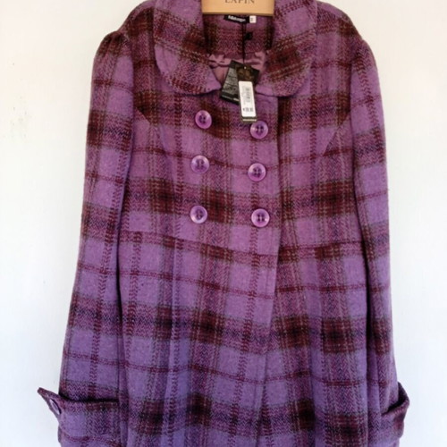Fullah Sugah checked coat new, size medium, purple-magenta