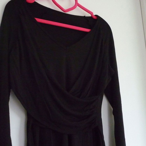 Black stretch long sleeve shirt with front wrap, size 36