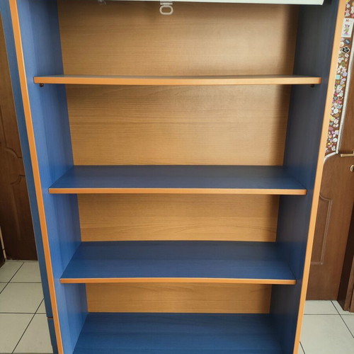 Bookcase with Shelves, Cabinet & Roller Blind used, blue and wood