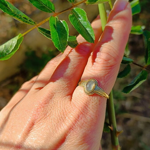 Labradorite brass ring new, adjustable with pink gemstone