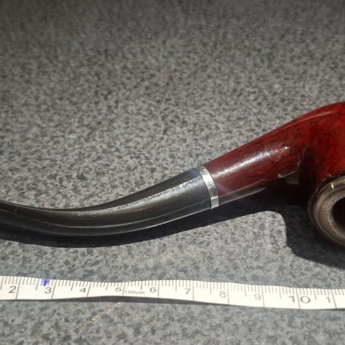 Bent Tobacco Pipe with Red Briar Finish and Metal Rim