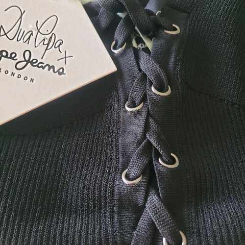 Pepe Jeans Dua Lipa Black Ribbed Top With Thin Straps And Crossed Lacing Size Medium New