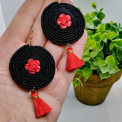 Macrame spiral earrings with red tassel made to order
