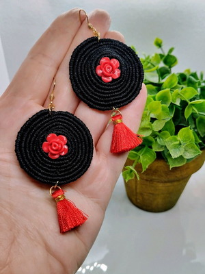 Macrame spiral earrings with red tassel made to order