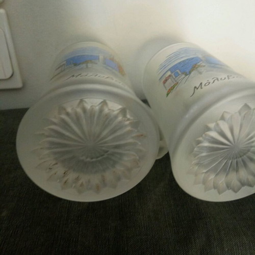 Beer glasses like new, set of 2, frosted glass, souvenir from Molyvos