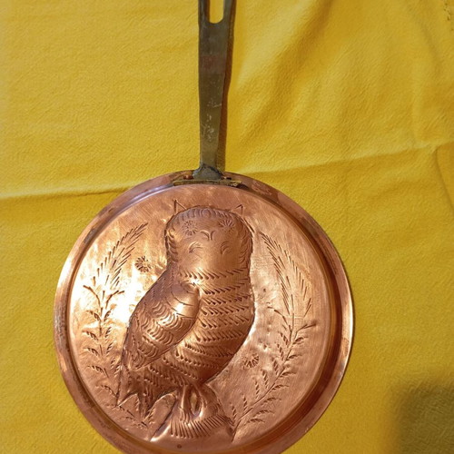 Vintage copper decorative frying pan with embossed owl used