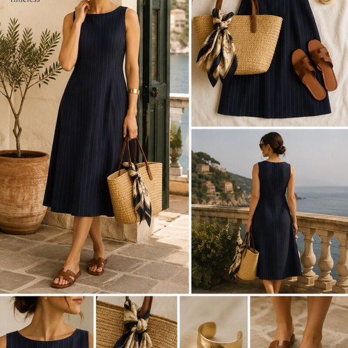 Classic dark blue linen dress with stripes FIDÈLE