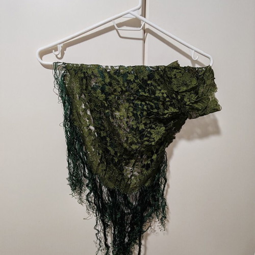 Vintage shawl scarf with fringes used, olive green