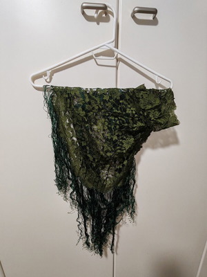 Vintage shawl scarf with fringes used, olive green