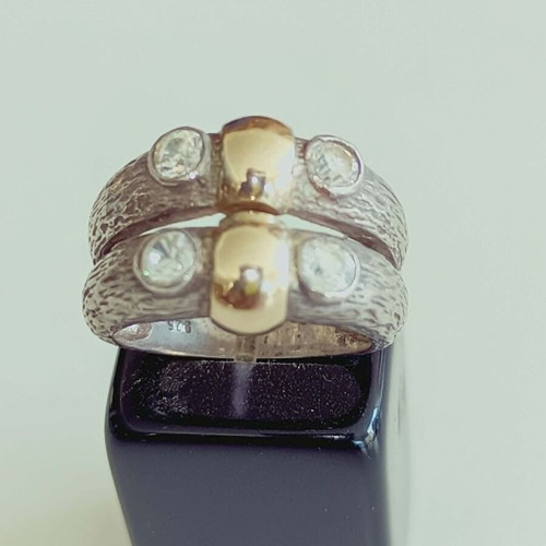 Apefthon Silver Ring with 4 White Zircons and Gold Details New