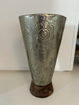 Handmade wooden vase with silver coating used, rustic decoration