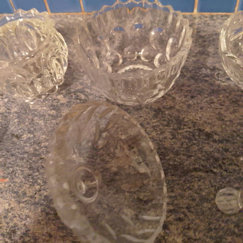 Glass fondantieres set of 3 used, with lids, Mary Rose