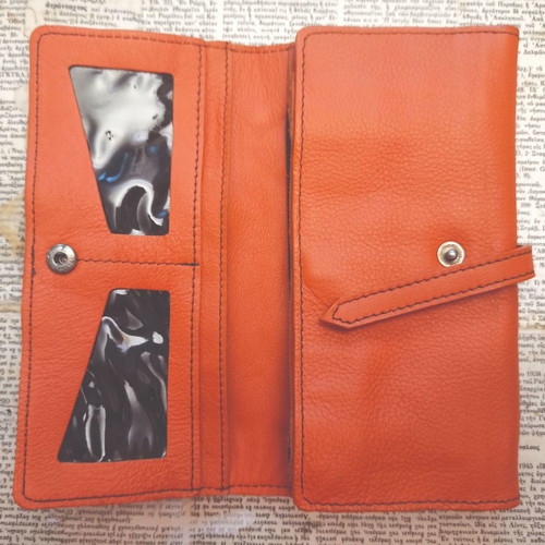 Leather wallet new, orange with black stitching