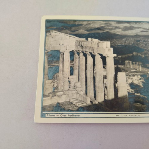 Black and white postcard Athens over Parthenon 1952 used
