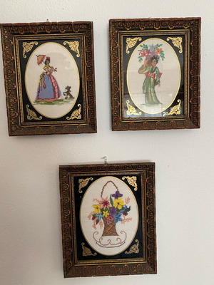 Πίνακες κεντημένοι μεταχειρισμένοι, σετ 3 μικροί με κορνίζα