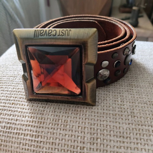 Just Cavalli leather brown belt like new with antique gold buckle and crystals