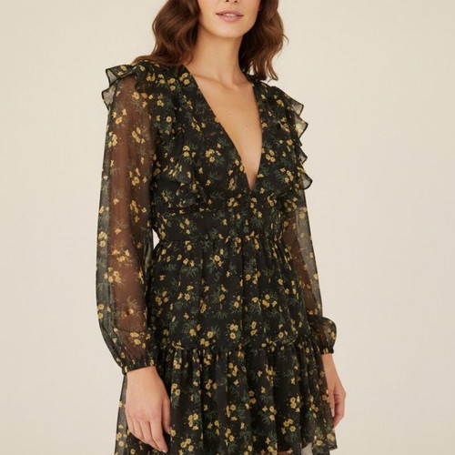 Glamorous Floral Mini Dress, Black Yellow Bouquet, Size Small