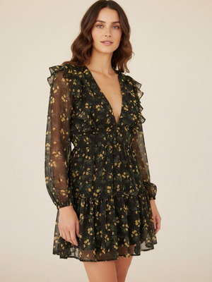 Glamorous Floral Mini Dress, Black Yellow Bouquet, Size Small