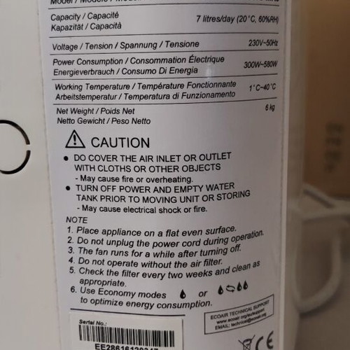EcoAir DD1EE Classic MK5 dehumidifier for parts or repair