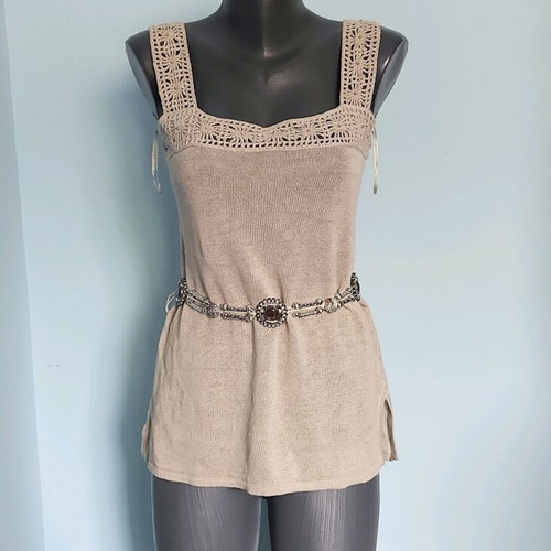Calvin Klein tunic used with hand-knitted lace and wooden beads