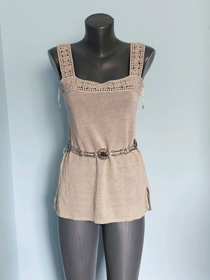 Calvin Klein tunic used with hand-knitted lace and wooden beads