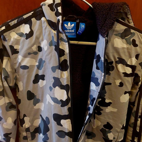 Adidas Original jacket used, black and white camo with hood and fleece lining