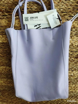 Zara δερμάτινη τσάντα μωβ παστέλ purple violet genuine leather tote bag boho chic new with tags