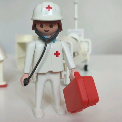 Playmobil hospital room set used with patient, nurse and doctor