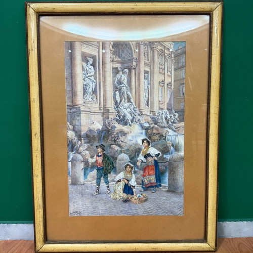 Υδατογραφία Ettore Ascenzi μεταχειρισμένη με θέμα Fontana Di Trevi σε ιταλική κορνίζα