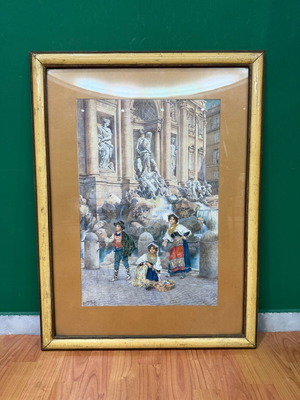 Υδατογραφία Ettore Ascenzi μεταχειρισμένη με θέμα Fontana Di Trevi σε ιταλική κορνίζα