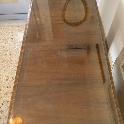 Wooden carved solid desk with drawers and glass like new