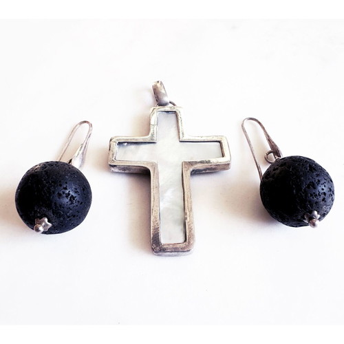 Vintage silver cross and lava stone earrings set with mother of pearl