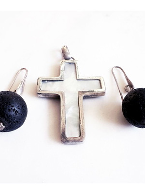 Vintage silver cross and lava stone earrings set with mother of pearl