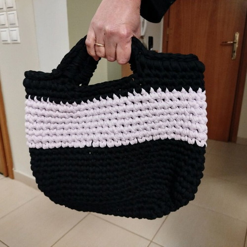 Handmade knitted bag A To Z Greek new, black-white cotton yarn
