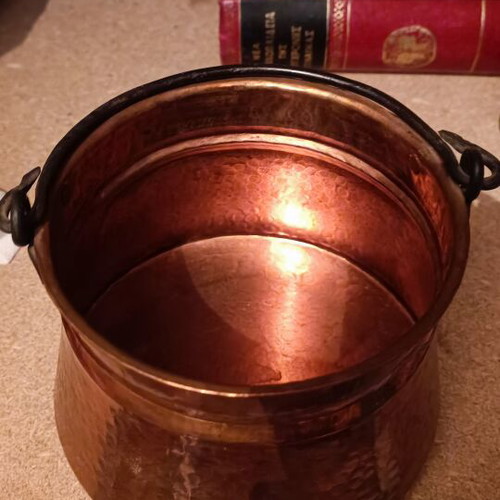 Vintage copper bakratsi with iron handle used, traditional hammered pot