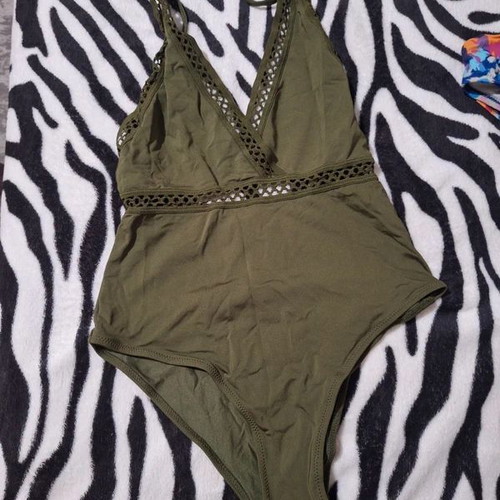 One-piece swimsuit used, khaki with embroidered boho details
