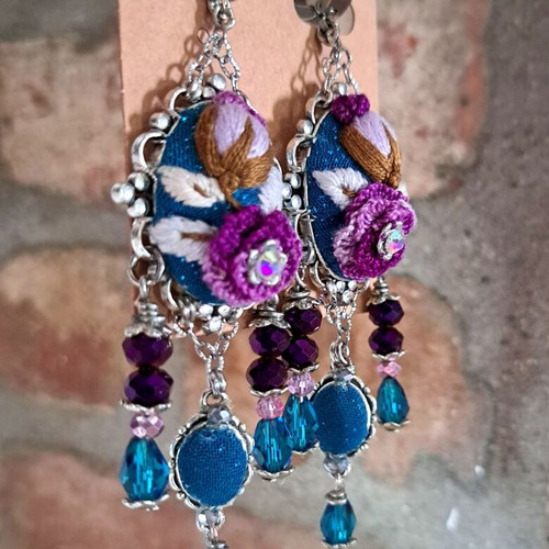 Handmade embroidered vintage earrings petrol-purple