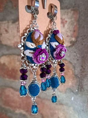 Handmade embroidered vintage earrings petrol-purple