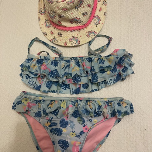 LC Waikiki summer set used, girls' swimsuit 6-7Y and straw hat 6Y