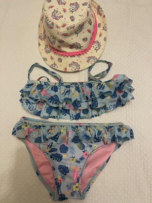 LC Waikiki summer set used, girls' swimsuit 6-7Y and straw hat 6Y