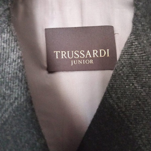 Trussardi junior kids coat new, wool and leather, size 8, gray