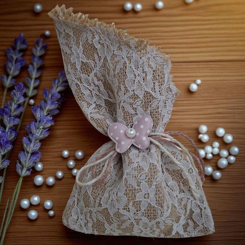 Handmade burlap and lace pouches, pack of 30